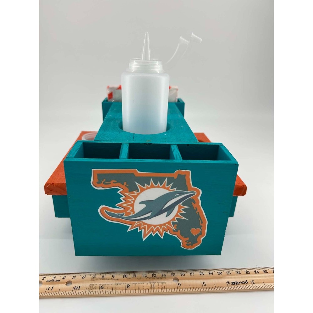Handmade Miami Dolphins Picnic Table Condiment Caddy with Bottles Teal Orange